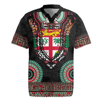 Fiji Coat of Arms Traditional Dashiki Rugby Jersey Tapa Art and Palm Leaves Pattern Black Color LT03 Black - Polynesian Pride