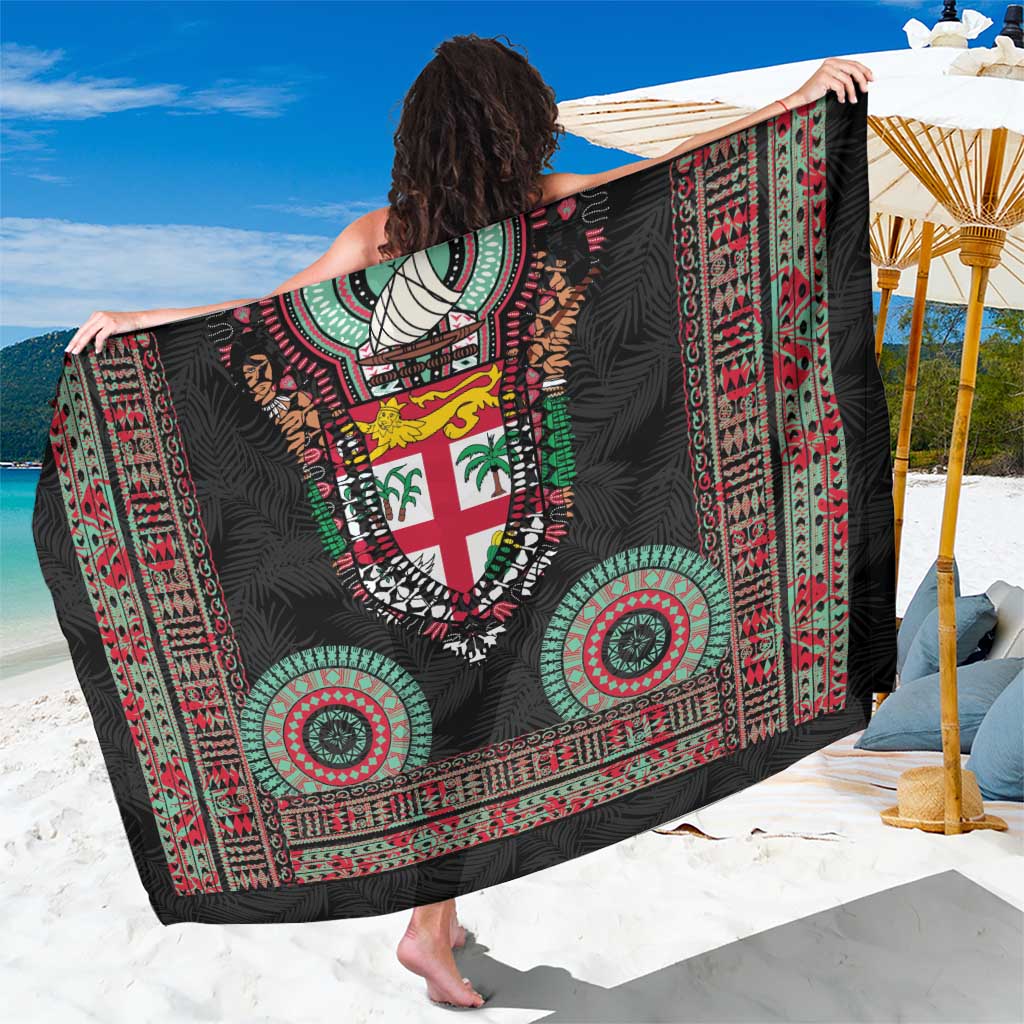 Fiji Coat of Arms Traditional Dashiki Sarong Tapa Art and Palm Leaves Pattern Black Color LT03 One Size 44 x 66 inches Black - Polynesian Pride