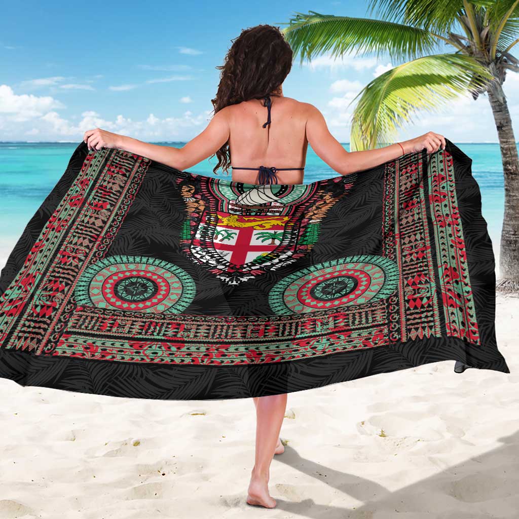 Fiji Coat of Arms Traditional Dashiki Sarong Tapa Art and Palm Leaves Pattern Black Color LT03 - Polynesian Pride