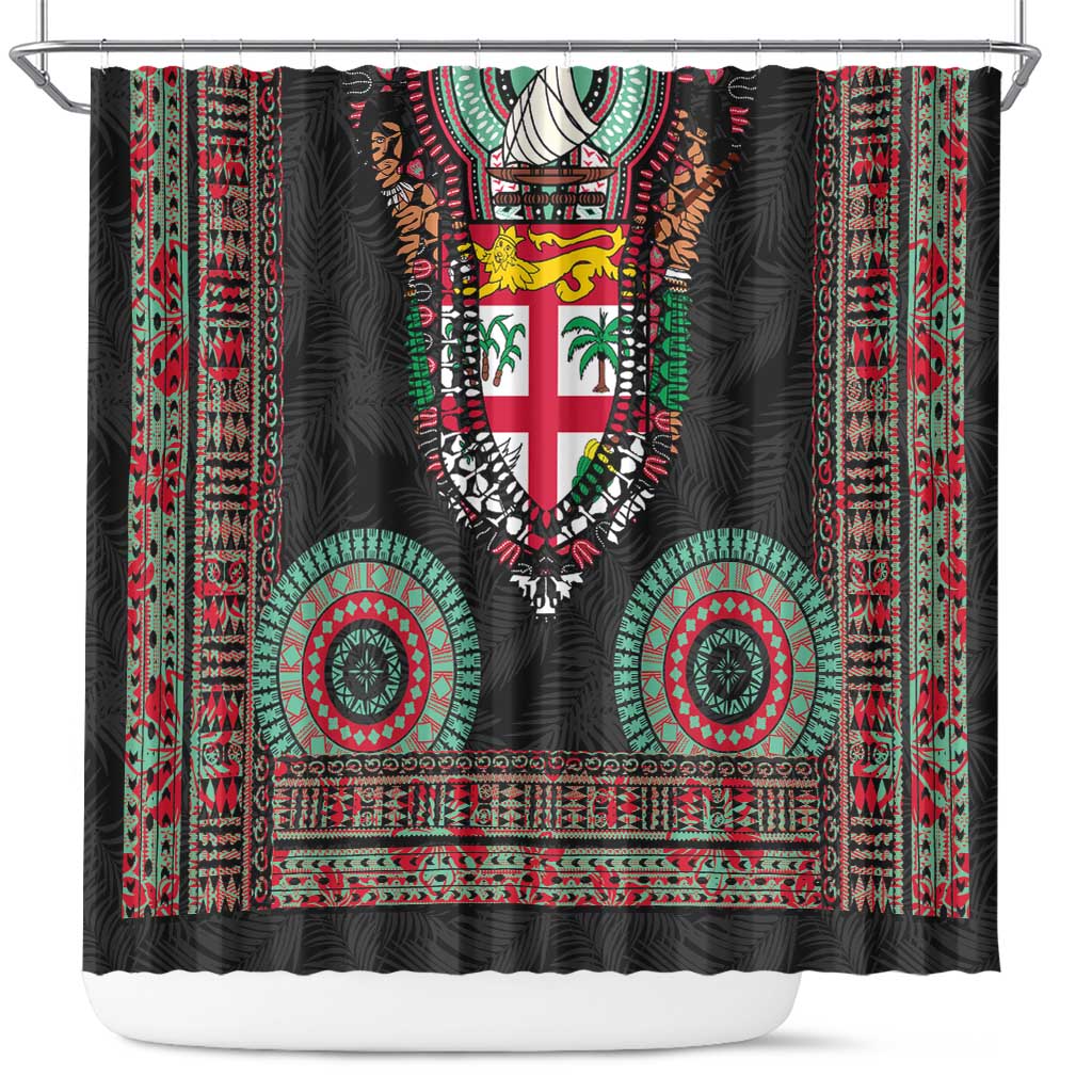 Fiji Coat of Arms Traditional Dashiki Shower Curtain Tapa Art and Palm Leaves Pattern Black Color - Polynesian Pride