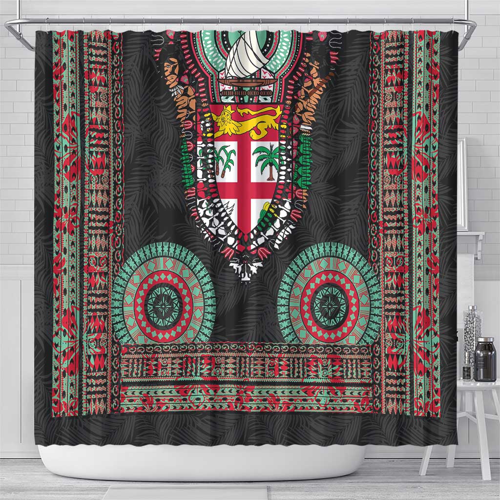 Fiji Coat of Arms Traditional Dashiki Shower Curtain Tapa Art and Palm Leaves Pattern Black Color - Polynesian Pride
