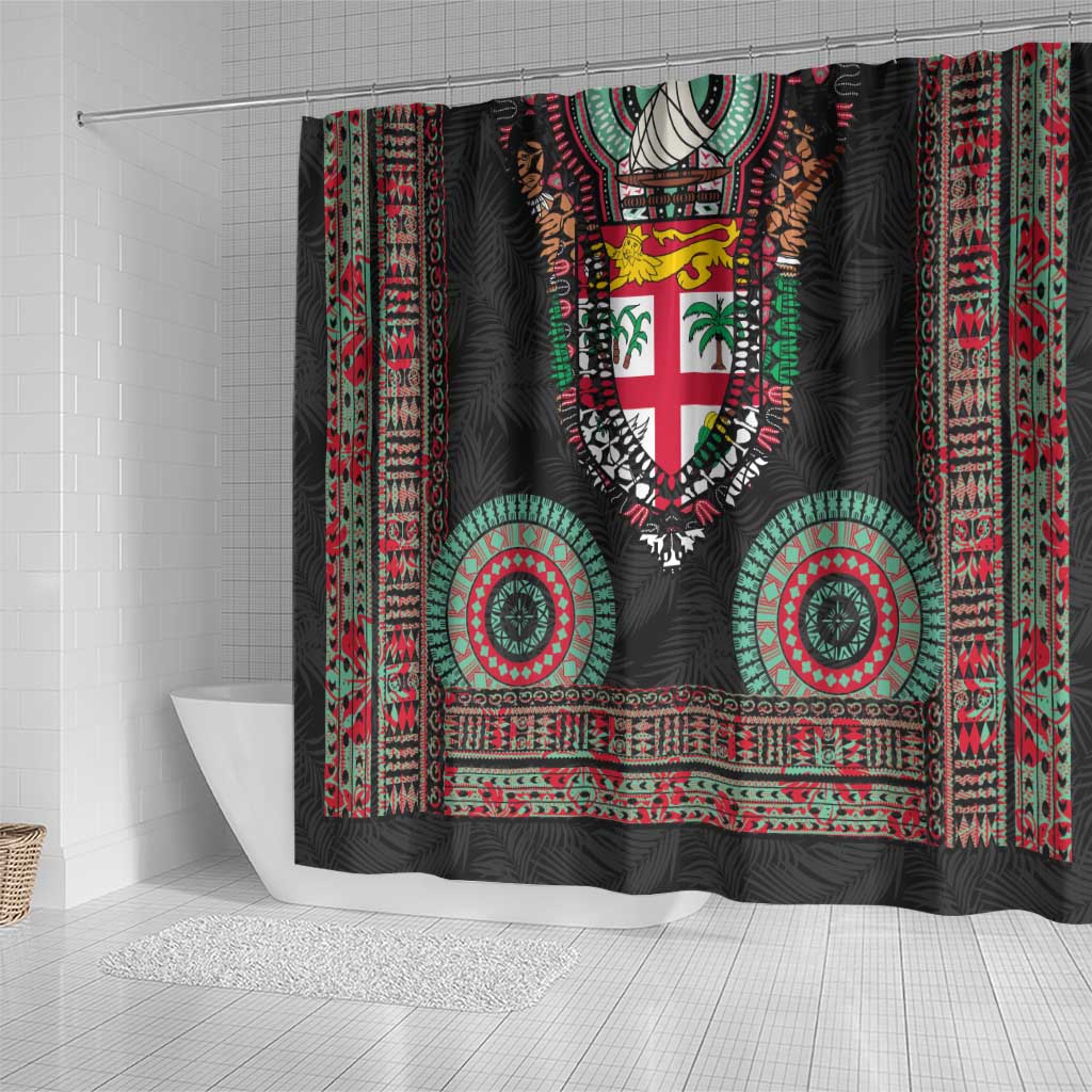 Fiji Coat of Arms Traditional Dashiki Shower Curtain Tapa Art and Palm Leaves Pattern Black Color - Polynesian Pride