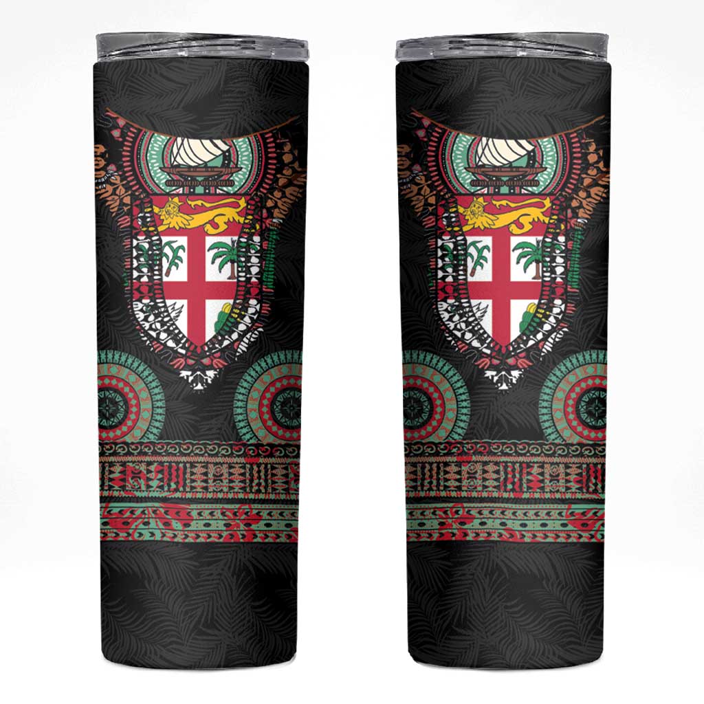 Fiji Coat of Arms Traditional Dashiki Skinny Tumbler Tapa Art and Palm Leaves Pattern Black Color LT03 Black - Polynesian Pride