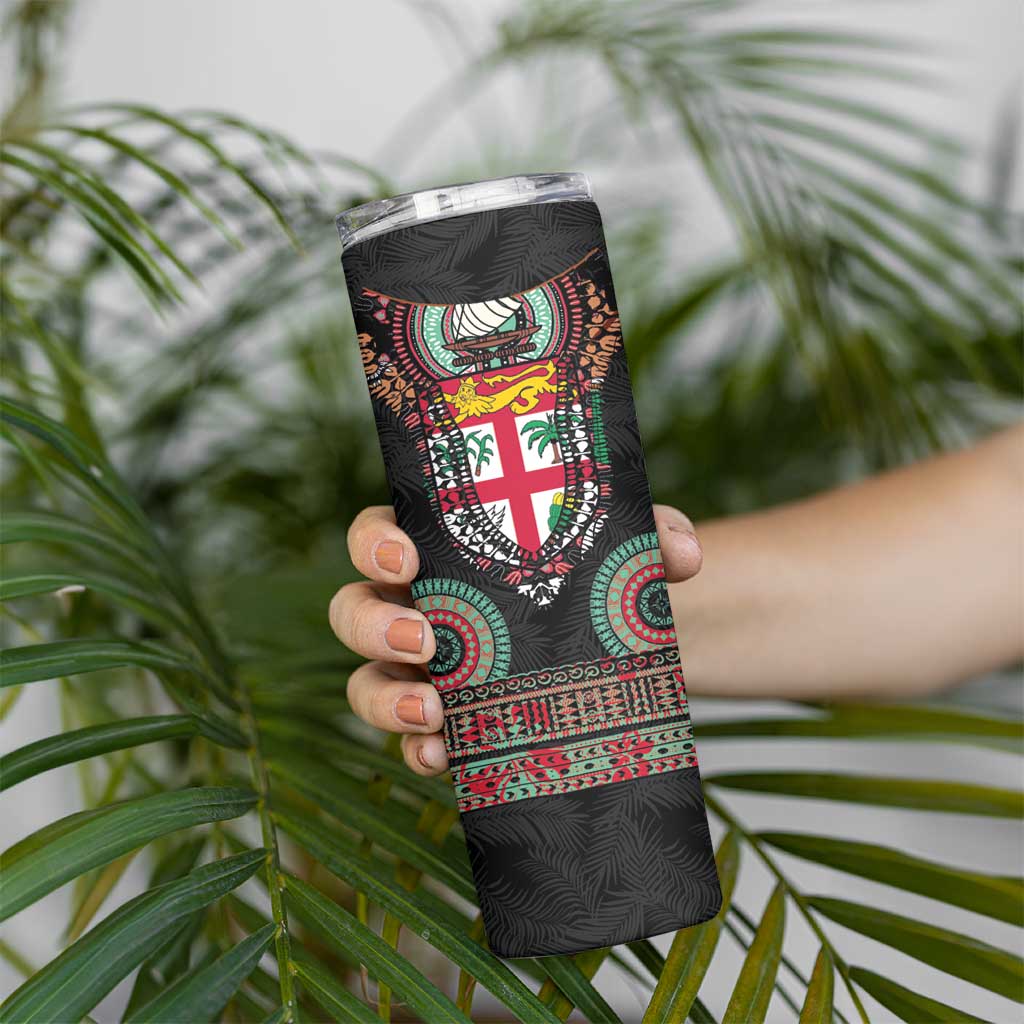 Fiji Coat of Arms Traditional Dashiki Skinny Tumbler Tapa Art and Palm Leaves Pattern Black Color LT03 - Polynesian Pride