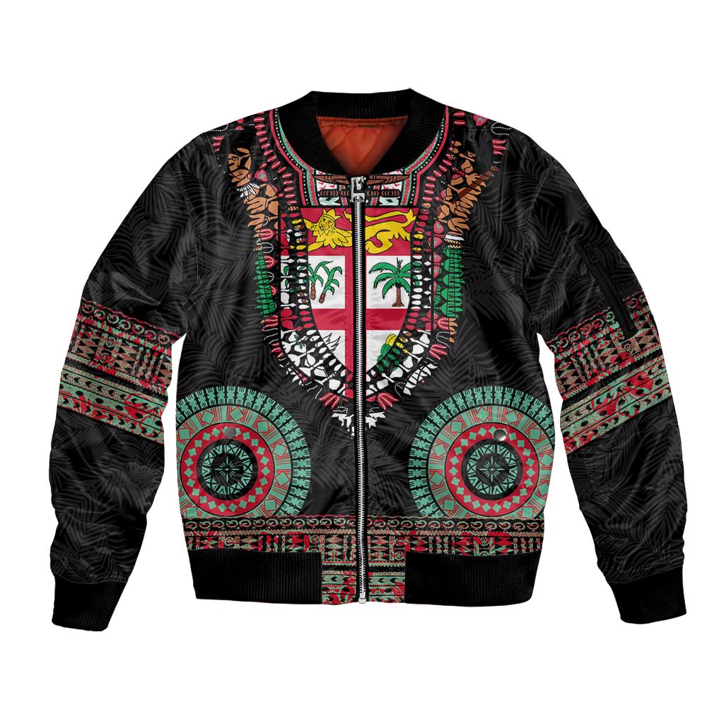 Fiji Coat of Arms Traditional Dashiki Sleeve Zip Bomber Jacket Tapa Art and Palm Leaves Pattern Black Color - Polynesian Pride