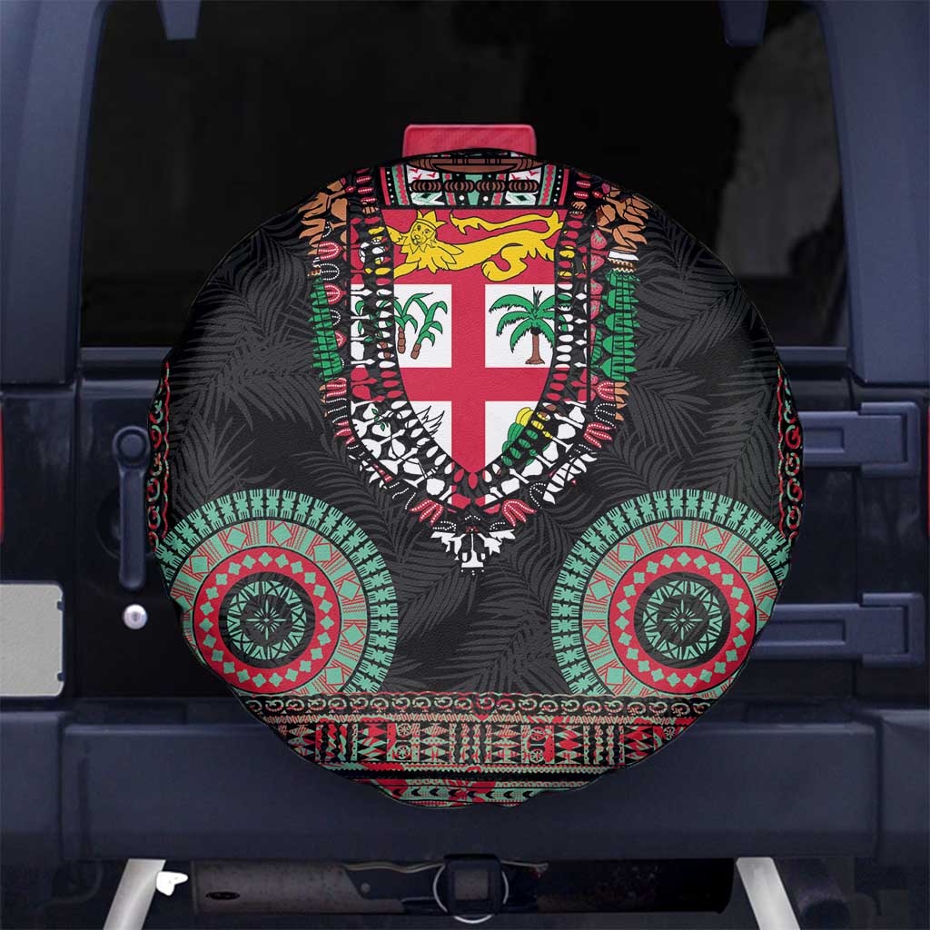 Fiji Coat of Arms Traditional Dashiki Spare Tire Cover Tapa Art and Palm Leaves Pattern Black Color LT03 No hole Black - Polynesian Pride