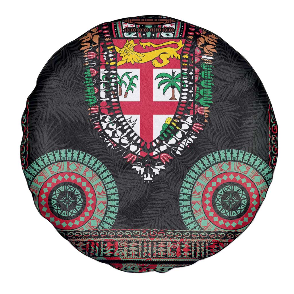 Fiji Coat of Arms Traditional Dashiki Spare Tire Cover Tapa Art and Palm Leaves Pattern Black Color LT03 - Polynesian Pride