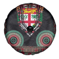 Fiji Coat of Arms Traditional Dashiki Spare Tire Cover Tapa Art and Palm Leaves Pattern Black Color LT03 - Polynesian Pride