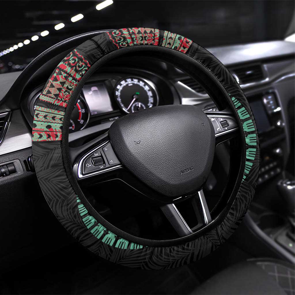 Fiji Coat of Arms Traditional Dashiki Steering Wheel Cover Tapa Art and Palm Leaves Pattern Black Color - Polynesian Pride