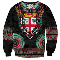 Fiji Coat of Arms Traditional Dashiki Sweatshirt Tapa Art and Palm Leaves Pattern Black Color - Polynesian Pride