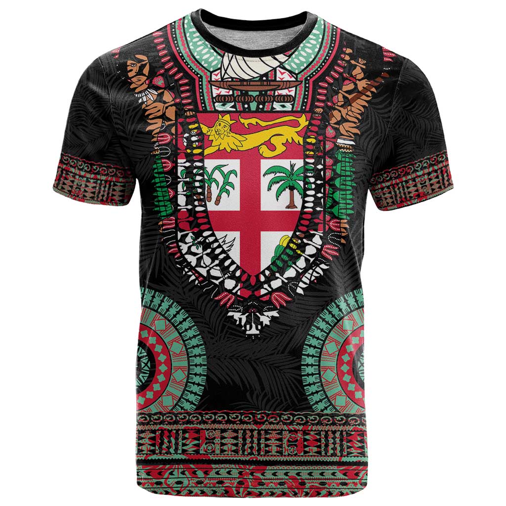 Fiji Coat of Arms Traditional Dashiki T Shirt Tapa Art and Palm Leaves Pattern Black Color - Polynesian Pride