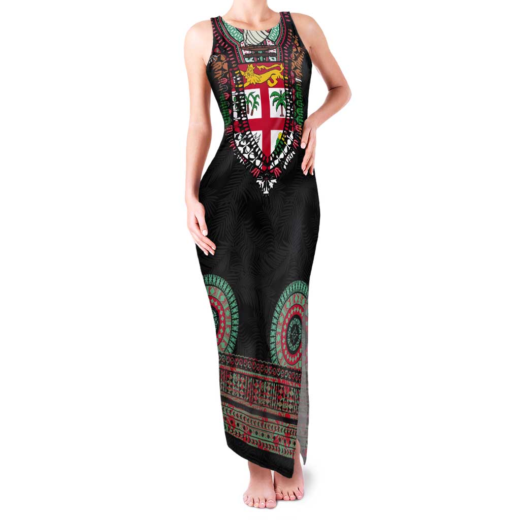 Fiji Coat of Arms Traditional Dashiki Tank Maxi Dress Tapa Art and Palm Leaves Pattern Black Color - Polynesian Pride