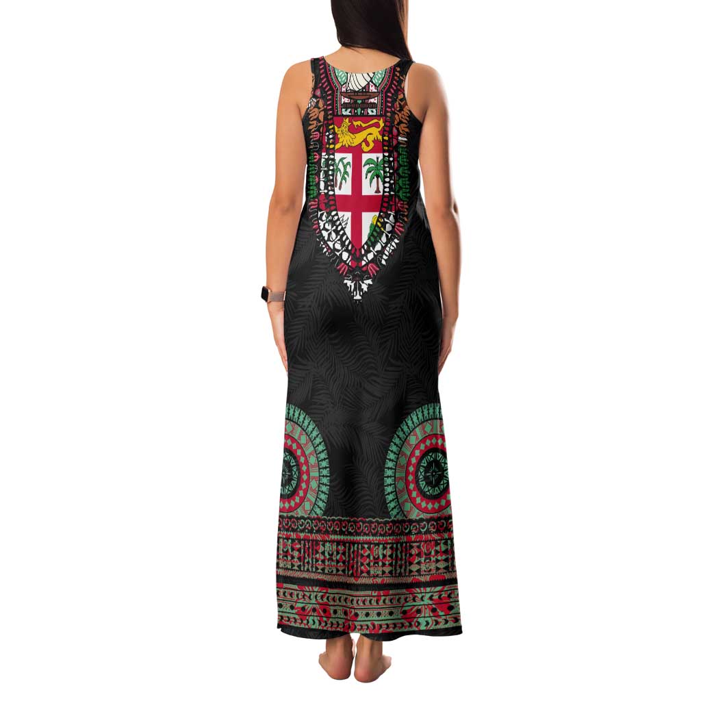 Fiji Coat of Arms Traditional Dashiki Tank Maxi Dress Tapa Art and Palm Leaves Pattern Black Color - Polynesian Pride