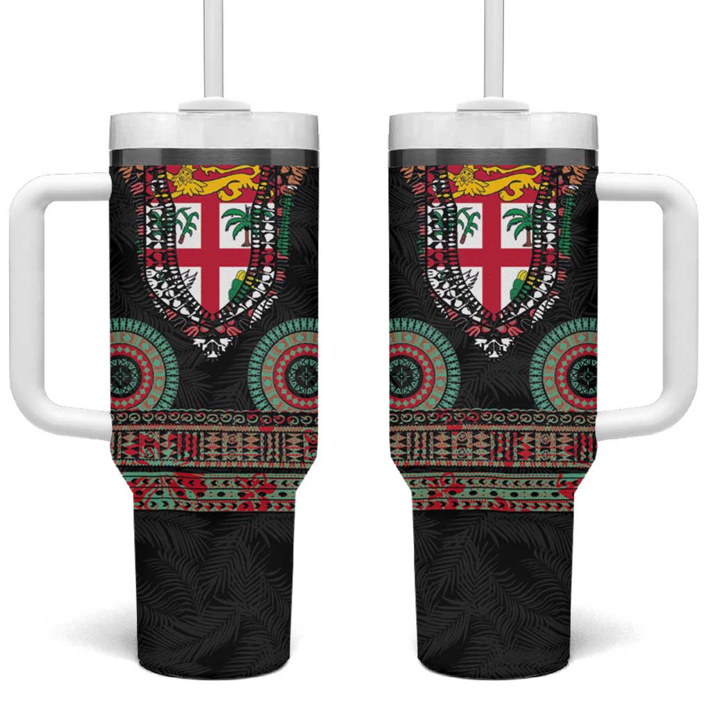 Fiji Coat of Arms Traditional Dashiki Tumbler With Handle Tapa Art and Palm Leaves Pattern Black Color LT03 One Size: 40 oz Black - Polynesian Pride