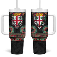 Fiji Coat of Arms Traditional Dashiki Tumbler With Handle Tapa Art and Palm Leaves Pattern Black Color LT03 One Size: 40 oz Black - Polynesian Pride