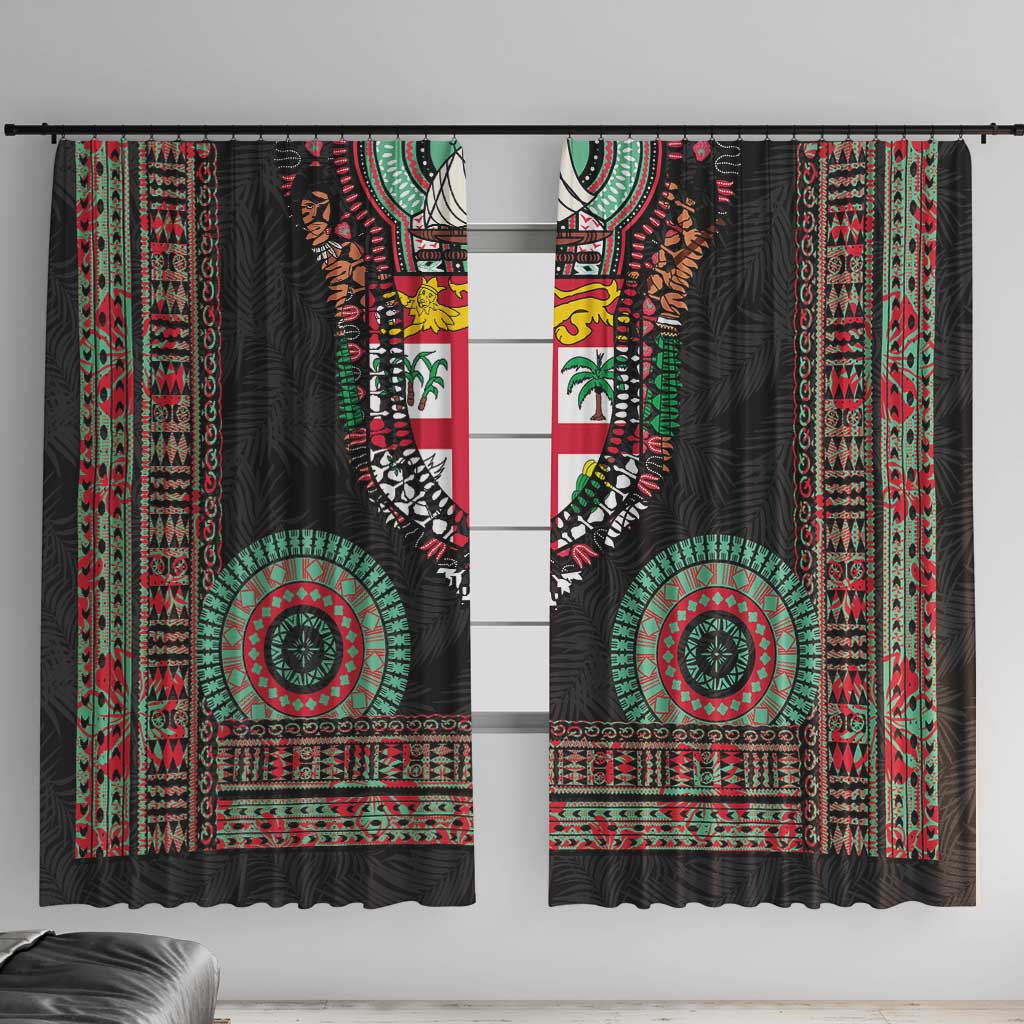 Fiji Coat of Arms Traditional Dashiki Window Curtain Tapa Art and Palm Leaves Pattern Black Color LT03 With Hooks Black - Polynesian Pride