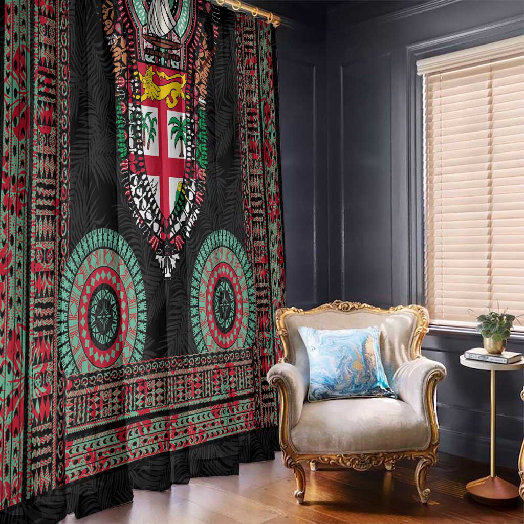 Fiji Coat of Arms Traditional Dashiki Window Curtain Tapa Art and Palm Leaves Pattern Black Color LT03 - Polynesian Pride