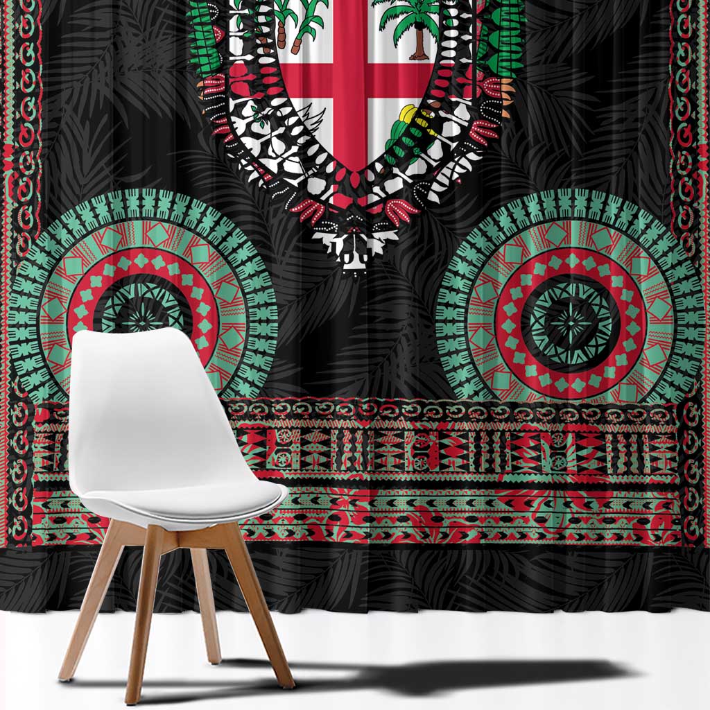 Fiji Coat of Arms Traditional Dashiki Window Curtain Tapa Art and Palm Leaves Pattern Black Color LT03 - Polynesian Pride