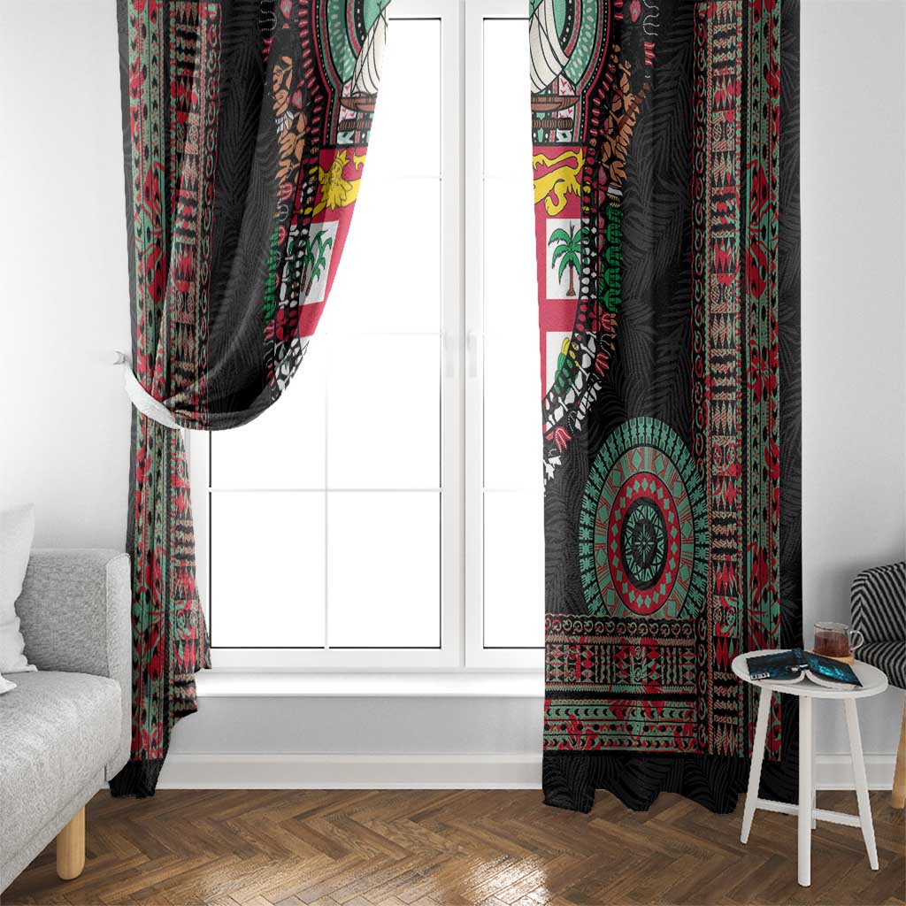 Fiji Coat of Arms Traditional Dashiki Window Curtain Tapa Art and Palm Leaves Pattern Black Color LT03 - Polynesian Pride