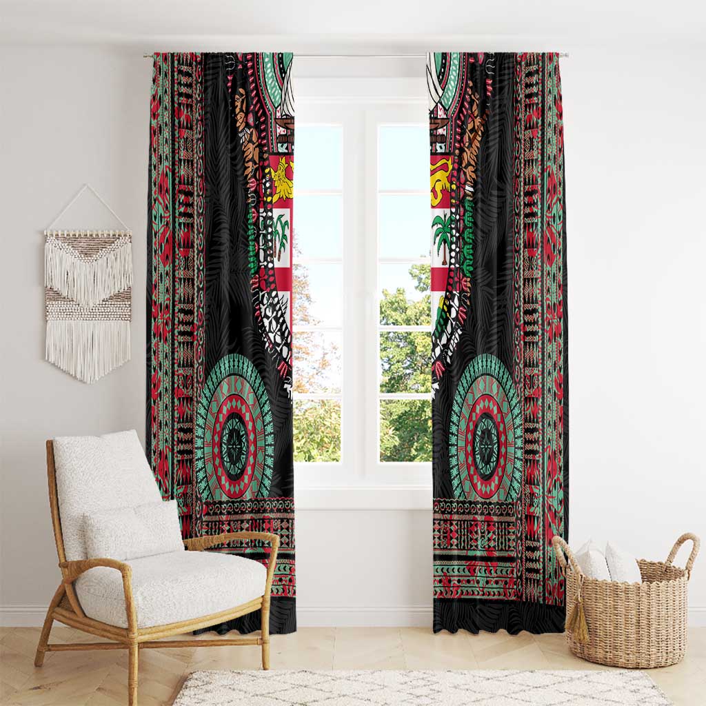 Fiji Coat of Arms Traditional Dashiki Window Curtain Tapa Art and Palm Leaves Pattern Black Color LT03 - Polynesian Pride