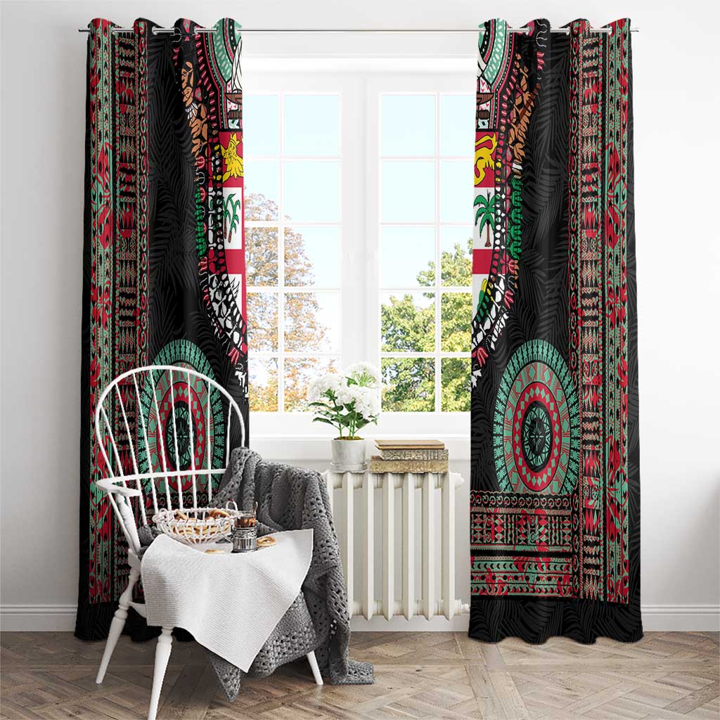Fiji Coat of Arms Traditional Dashiki Window Curtain Tapa Art and Palm Leaves Pattern Black Color LT03 - Polynesian Pride