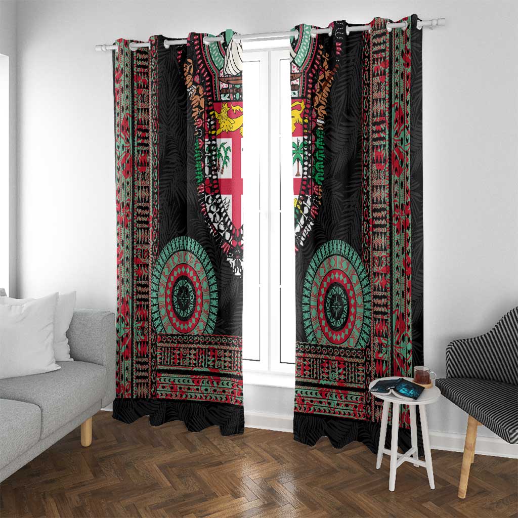 Fiji Coat of Arms Traditional Dashiki Window Curtain Tapa Art and Palm Leaves Pattern Black Color LT03 With Grommets Black - Polynesian Pride