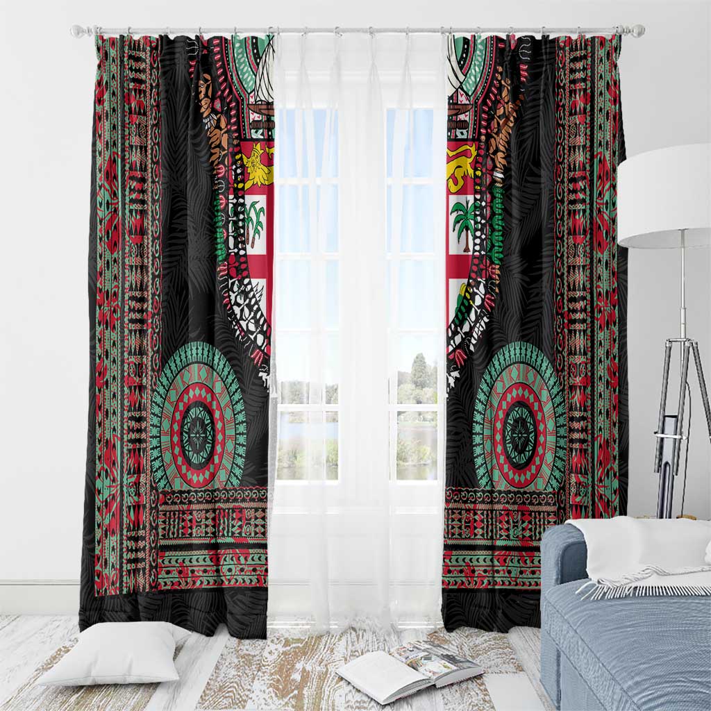 Fiji Coat of Arms Traditional Dashiki Window Curtain Tapa Art and Palm Leaves Pattern Black Color LT03 - Polynesian Pride