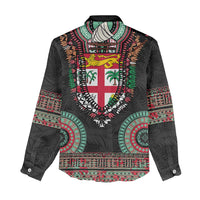 Fiji Coat of Arms Traditional Dashiki Women Casual Shirt Tapa Art and Palm Leaves Pattern Black Color - Polynesian Pride