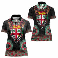 Fiji Coat of Arms Traditional Dashiki Women Polo Shirt Tapa Art and Palm Leaves Pattern Black Color - Polynesian Pride
