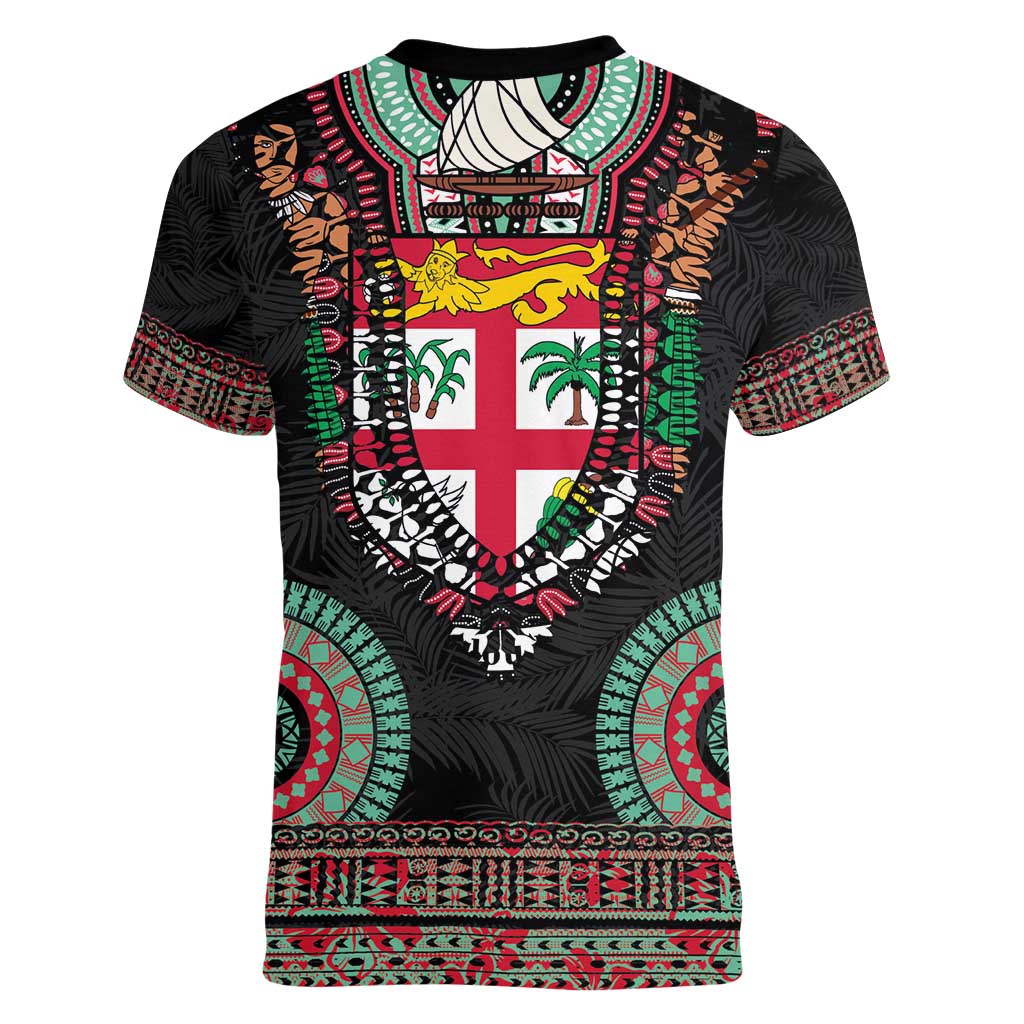 Fiji Coat of Arms Traditional Dashiki Women V-Neck T-Shirt Tapa Art and Palm Leaves Pattern Black Color - Polynesian Pride