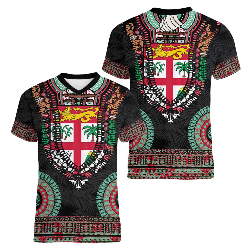 Fiji Coat of Arms Traditional Dashiki Women V-Neck T-Shirt Tapa Art and Palm Leaves Pattern Black Color - Polynesian Pride