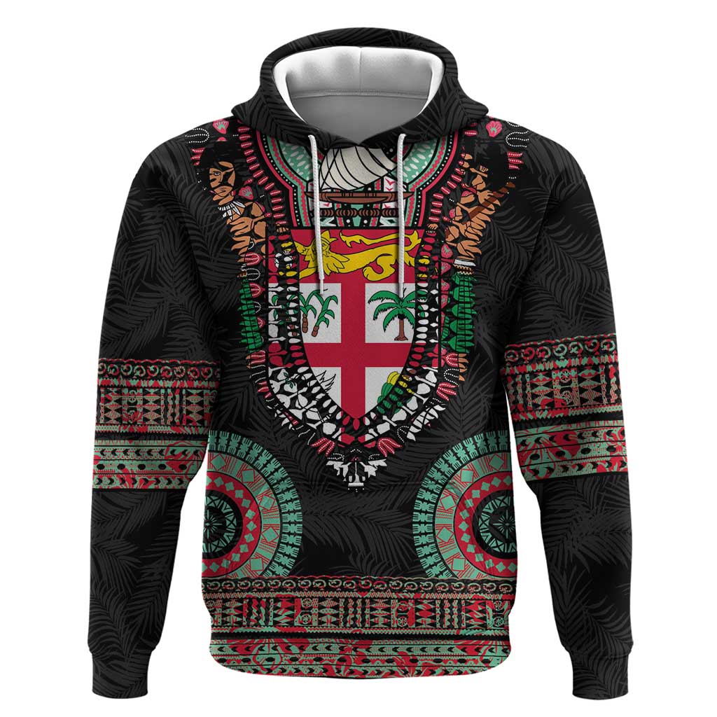 Fiji Coat of Arms Traditional Dashiki Zip Hoodie Tapa Art and Palm Leaves Pattern Black Color - Polynesian Pride