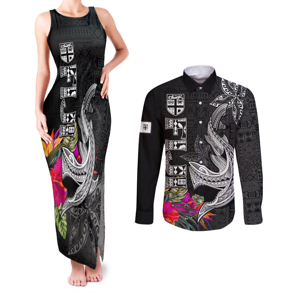 Polynesian Fiji Couples Matching Tank Maxi Dress and Long Sleeve Button Shirts Shark and Hibiscus Tapa Pattern Version LT03 White - Polynesian Pride