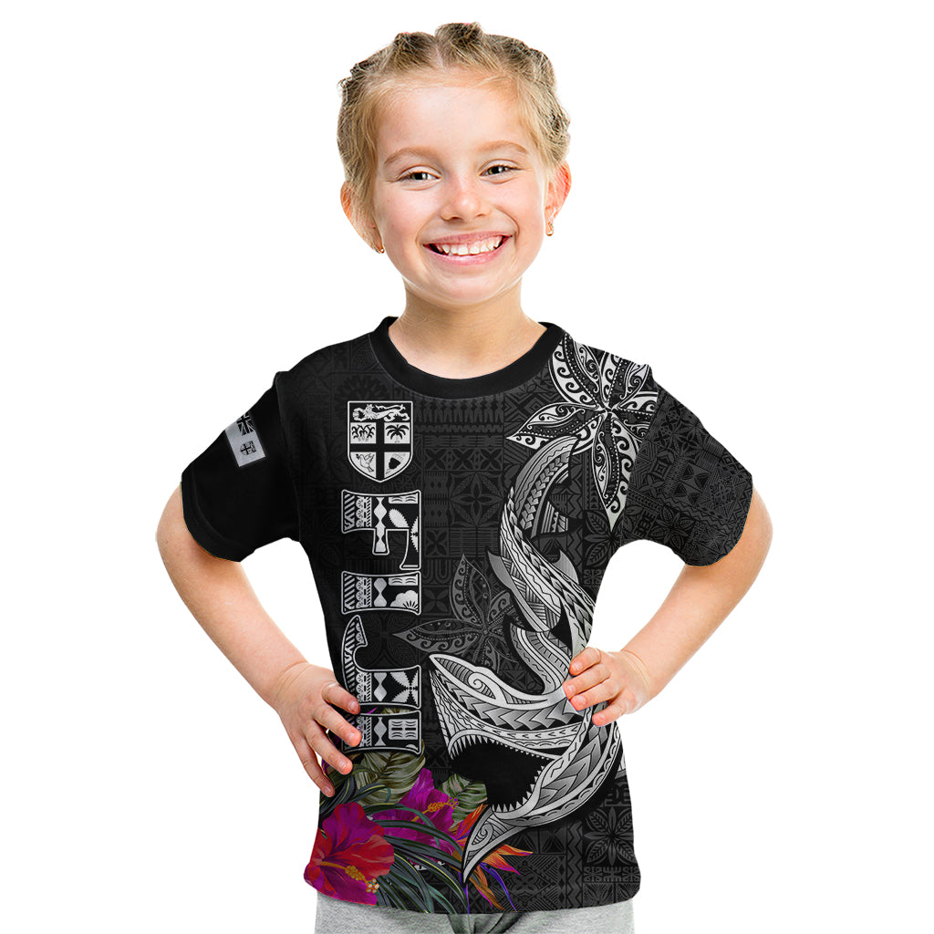 Polynesian Fiji Kid T Shirt Shark and Hibiscus Tapa Pattern Version LT03 White - Polynesian Pride