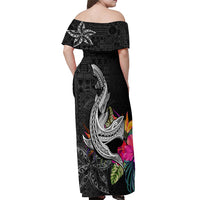 Polynesian Fiji Off Shoulder Maxi Dress Shark and Hibiscus Tapa Pattern Version LT03 - Polynesian Pride