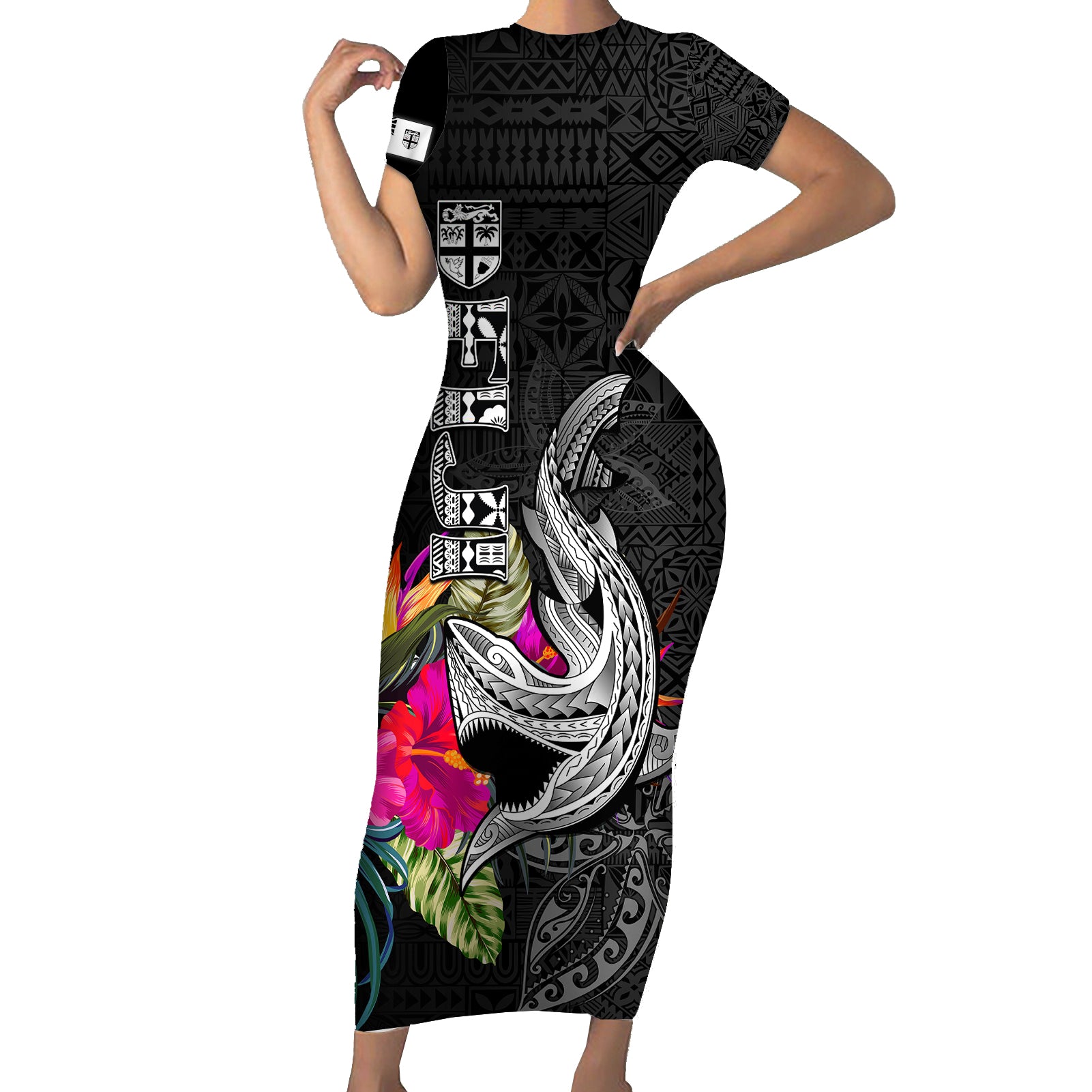 Polynesian Fiji Short Sleeve Bodycon Dress Shark and Hibiscus Tapa Pattern Version LT03 Long Dress White - Polynesian Pride