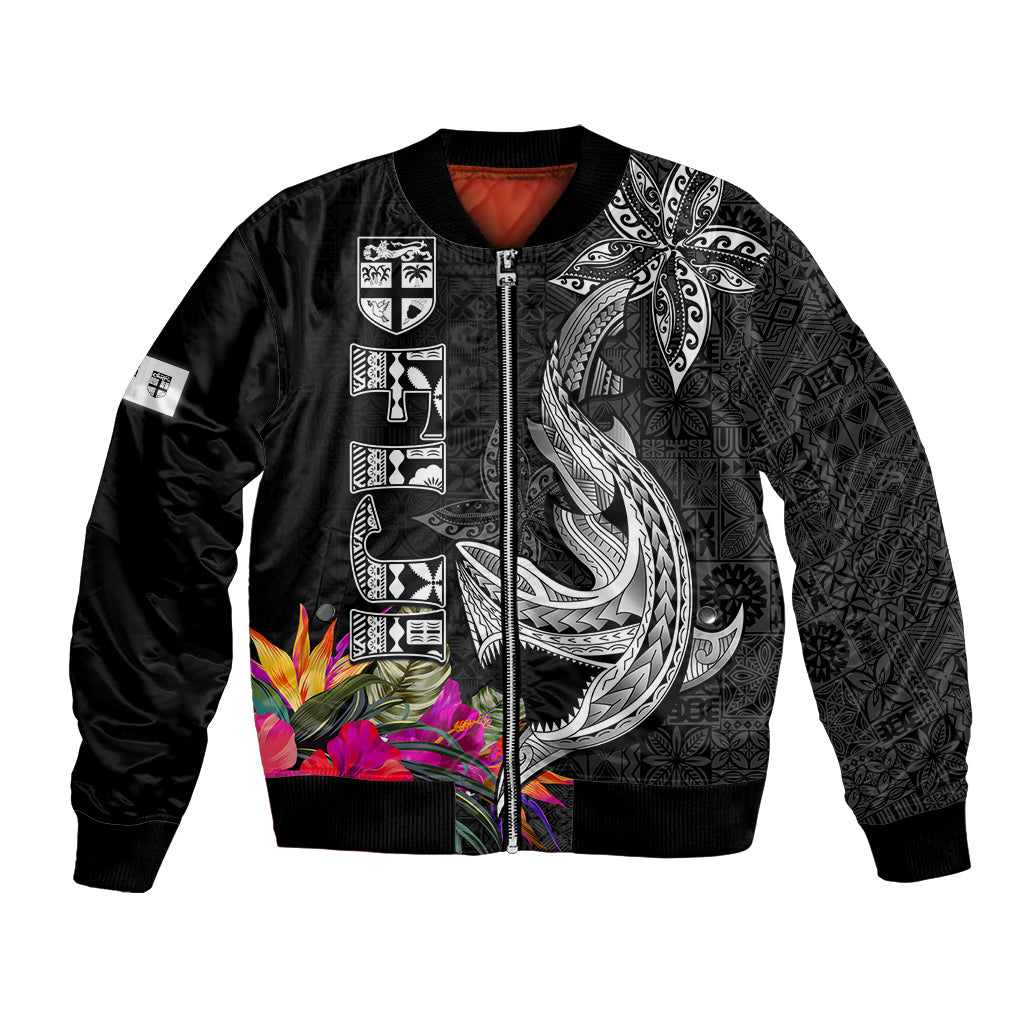 Custom Polynesian Fiji Bomber Jacket Shark and Hibiscus Tapa Pattern Version LT03 Unisex White - Polynesian Pride