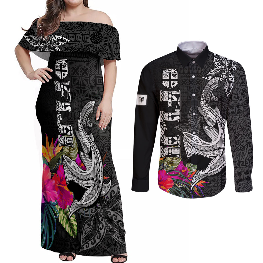 Custom Polynesian Fiji Couples Matching Off Shoulder Maxi Dress and Long Sleeve Button Shirts Shark and Hibiscus Tapa Pattern Version LT03 White - Polynesian Pride