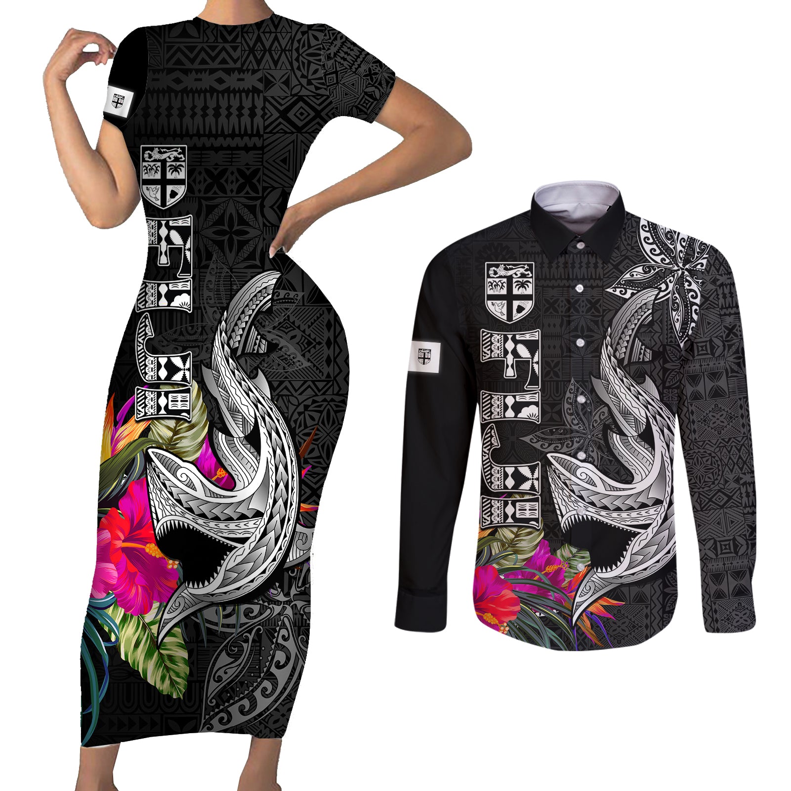 Custom Polynesian Fiji Couples Matching Short Sleeve Bodycon Dress and Long Sleeve Button Shirts Shark and Hibiscus Tapa Pattern Version LT03 White - Polynesian Pride