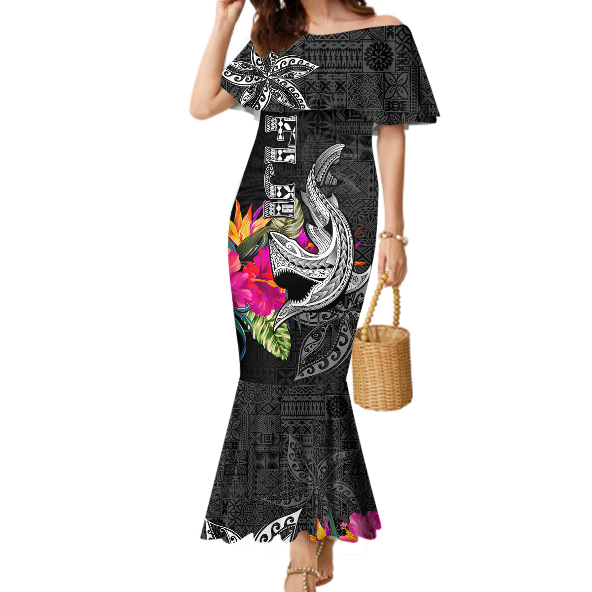 Custom Polynesian Fiji Mermaid Dress Shark and Hibiscus Tapa Pattern Version LT03 Women White - Polynesian Pride