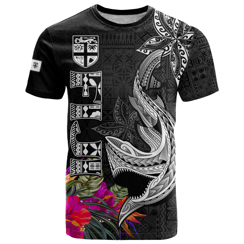 Custom Polynesian Fiji T Shirt Shark and Hibiscus Tapa Pattern Version LT03 White - Polynesian Pride