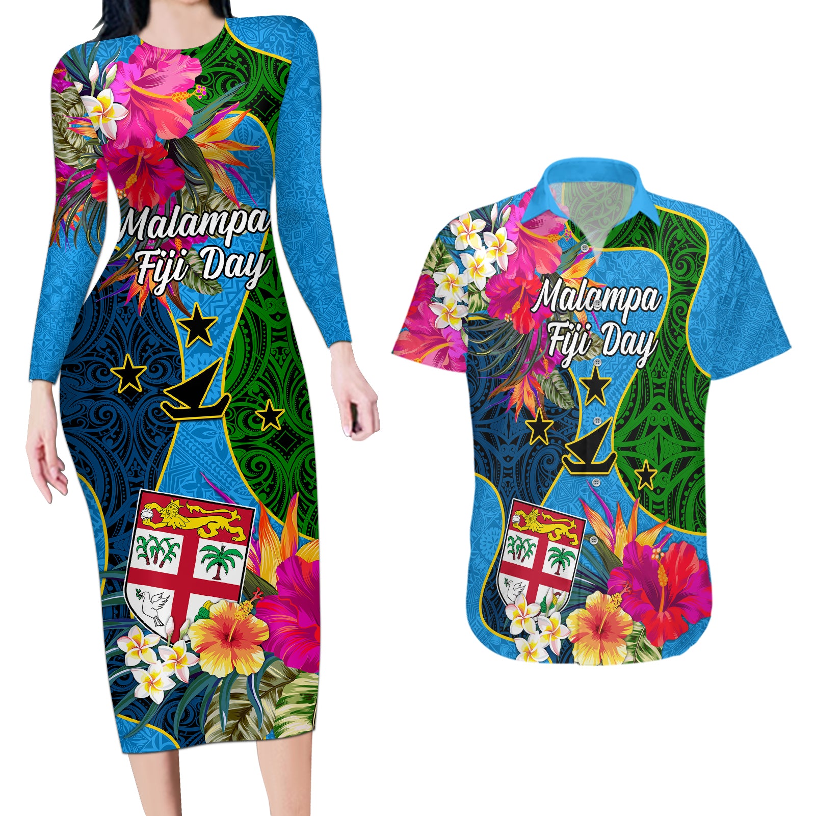 Malampa Fiji Day Couples Matching Long Sleeve Bodycon Dress and Hawaiian Shirt Tropical Plants Mix Polynesian and Tapa Pattern LT03 Blue - Polynesian Pride