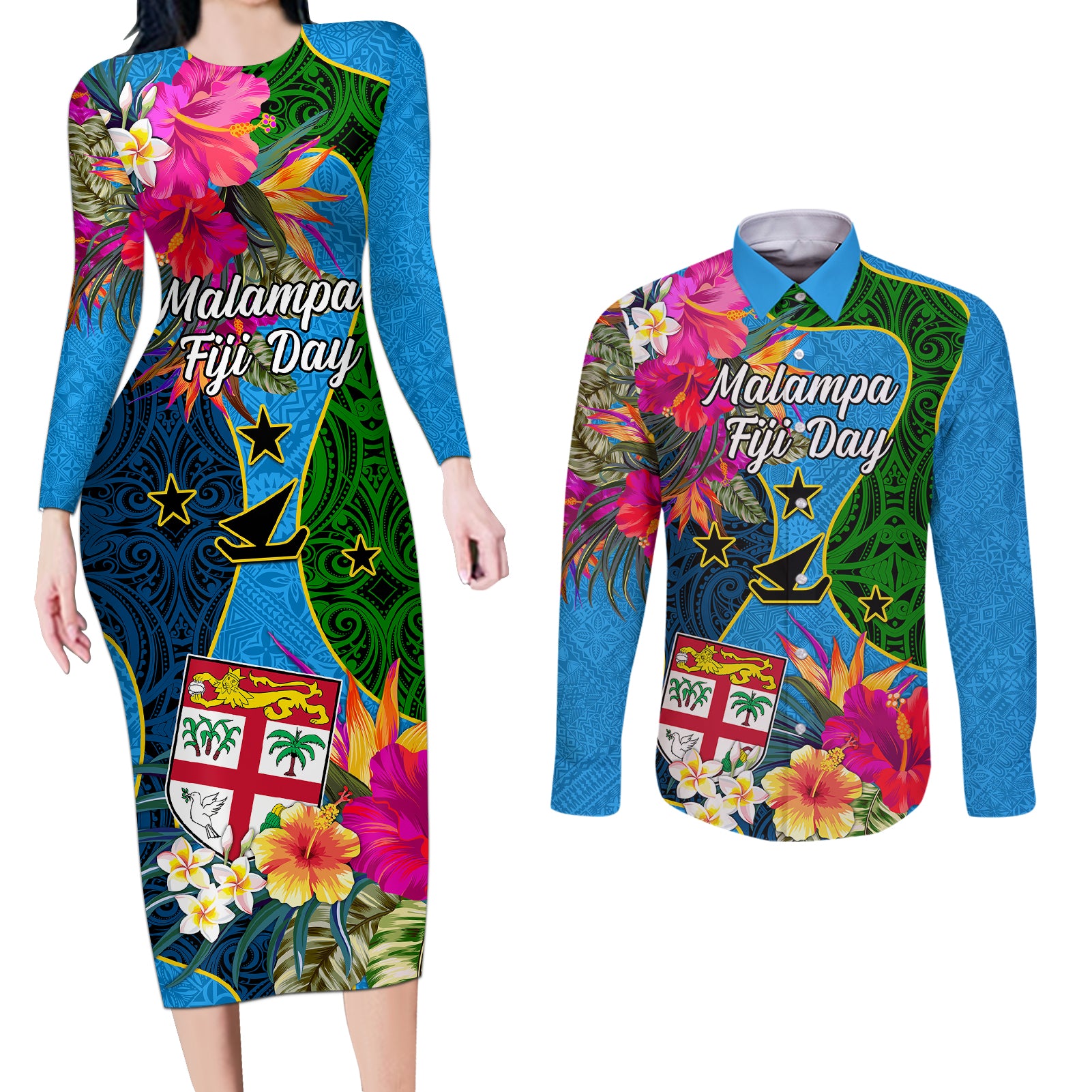 Malampa Fiji Day Couples Matching Long Sleeve Bodycon Dress and Long Sleeve Button Shirts Tropical Plants Mix Polynesian and Tapa Pattern LT03 Blue - Polynesian Pride