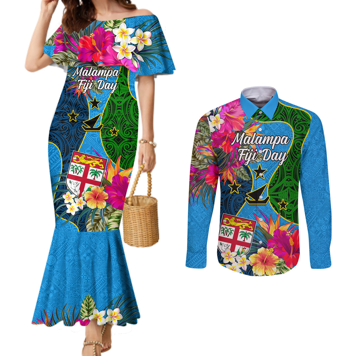 Malampa Fiji Day Couples Matching Mermaid Dress and Long Sleeve Button Shirts Tropical Plants Mix Polynesian and Tapa Pattern LT03 Blue - Polynesian Pride