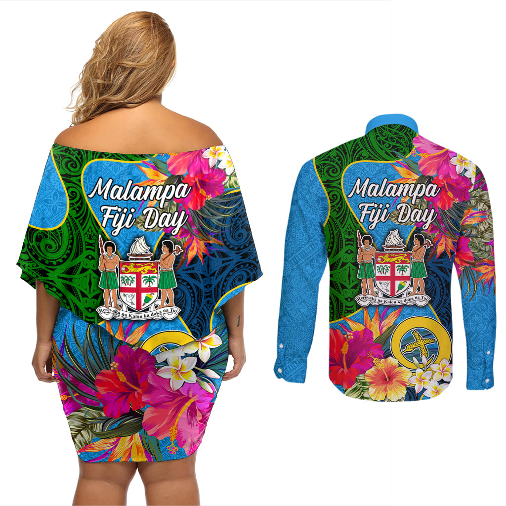 Malampa Fiji Day Couples Matching Off Shoulder Short Dress and Long Sleeve Button Shirts Tropical Plants Mix Polynesian and Tapa Pattern LT03 - Polynesian Pride