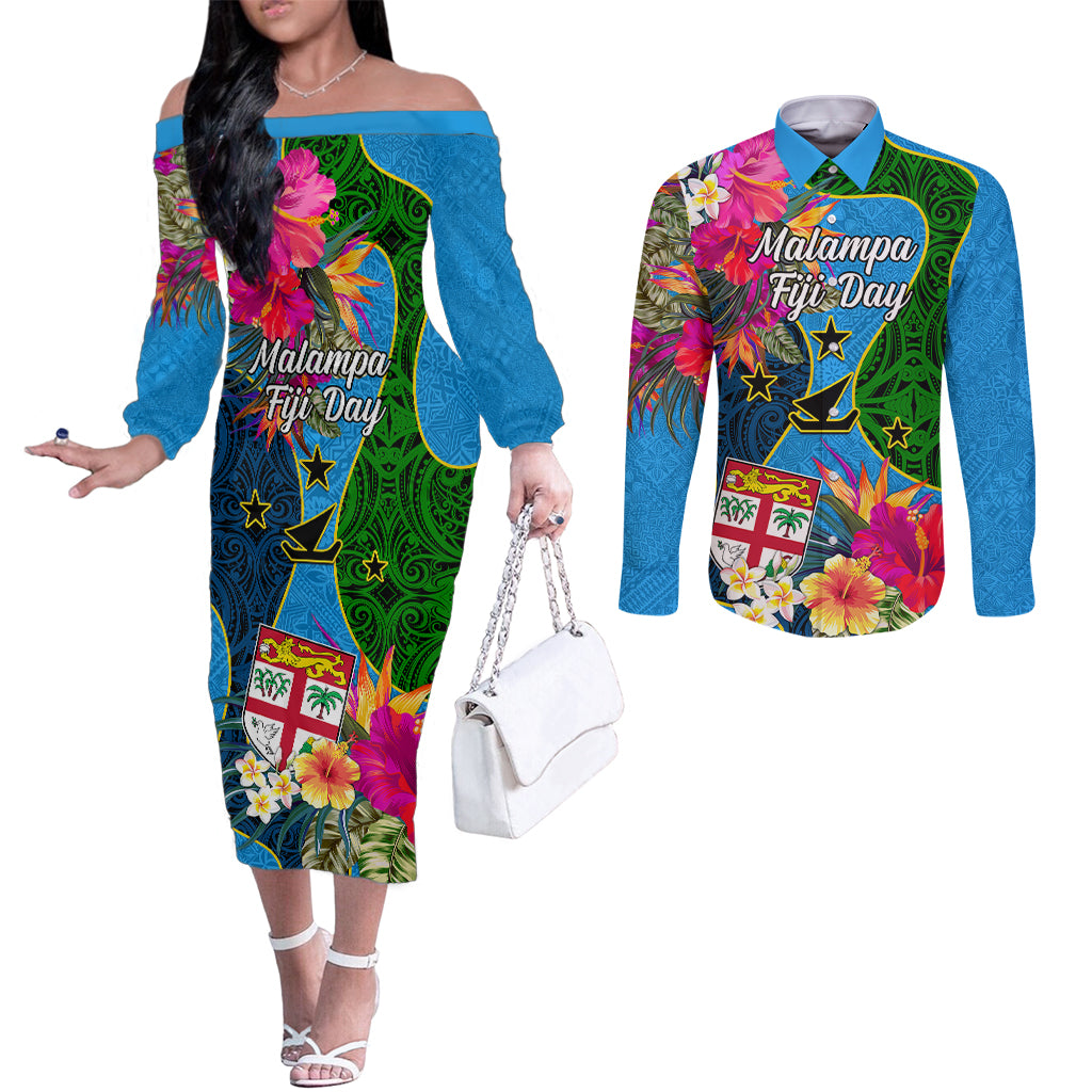 Malampa Fiji Day Couples Matching Off The Shoulder Long Sleeve Dress and Long Sleeve Button Shirts Tropical Plants Mix Polynesian and Tapa Pattern LT03 Blue - Polynesian Pride