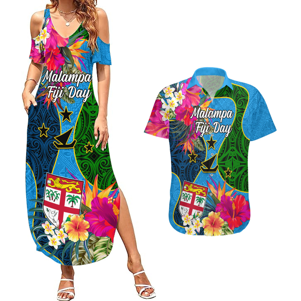 Malampa Fiji Day Couples Matching Summer Maxi Dress and Hawaiian Shirt Tropical Plants Mix Polynesian and Tapa Pattern LT03 Blue - Polynesian Pride