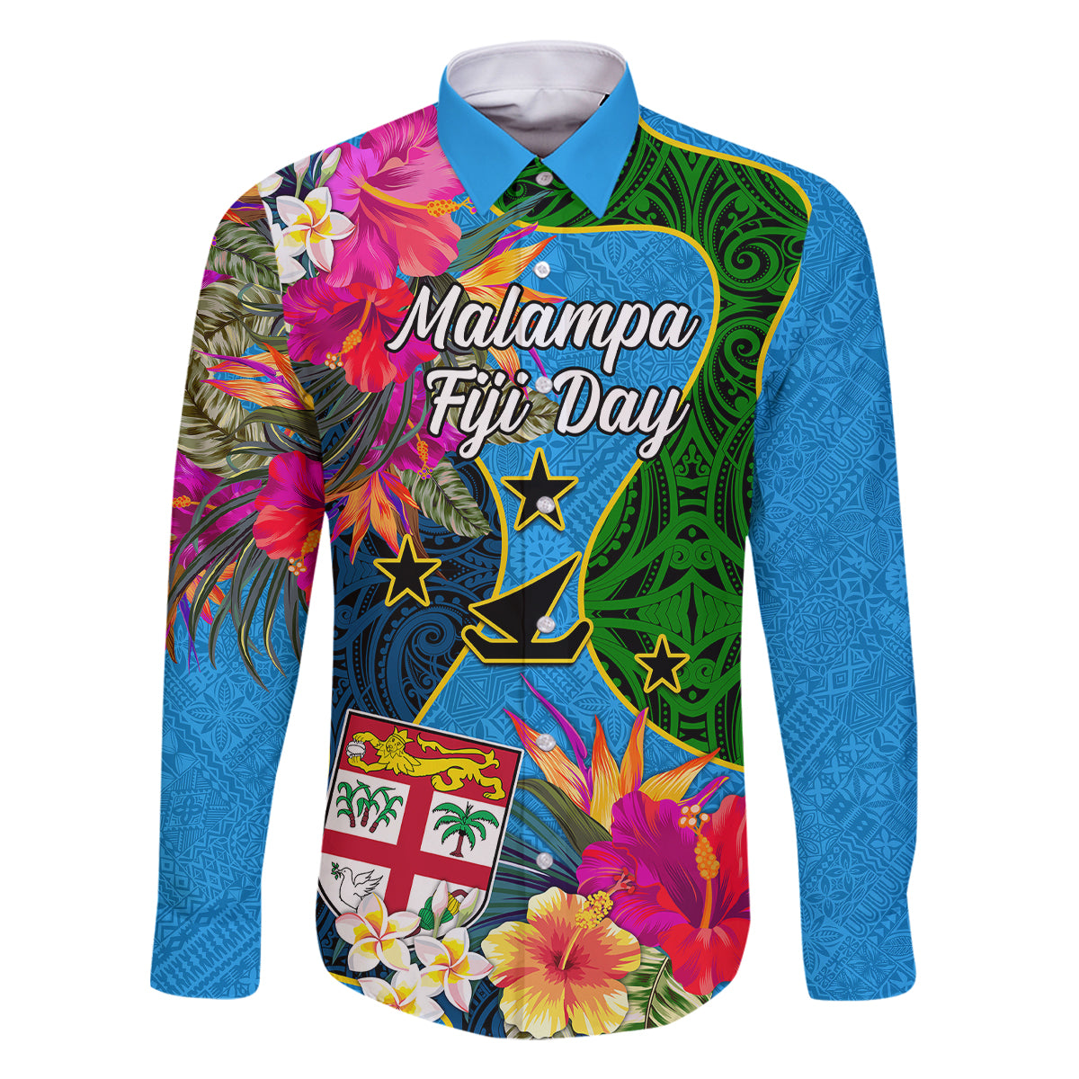 Malampa Fiji Day Family Matching Long Sleeve Bodycon Dress and Hawaiian Shirt Tropical Plants Mix Polynesian and Tapa Pattern LT03 Dad's Shirt - Long Sleeve Blue - Polynesian Pride