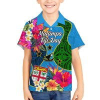 Malampa Fiji Day Family Matching Off Shoulder Short Dress and Hawaiian Shirt Tropical Plants Mix Polynesian and Tapa Pattern LT03 Son's Shirt Blue - Polynesian Pride