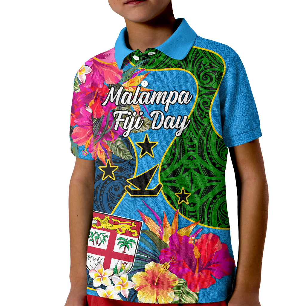 Malampa Fiji Day Kid Polo Shirt Tropical Plants Mix Polynesian and Tapa Pattern LT03 Kid Blue - Polynesian Pride